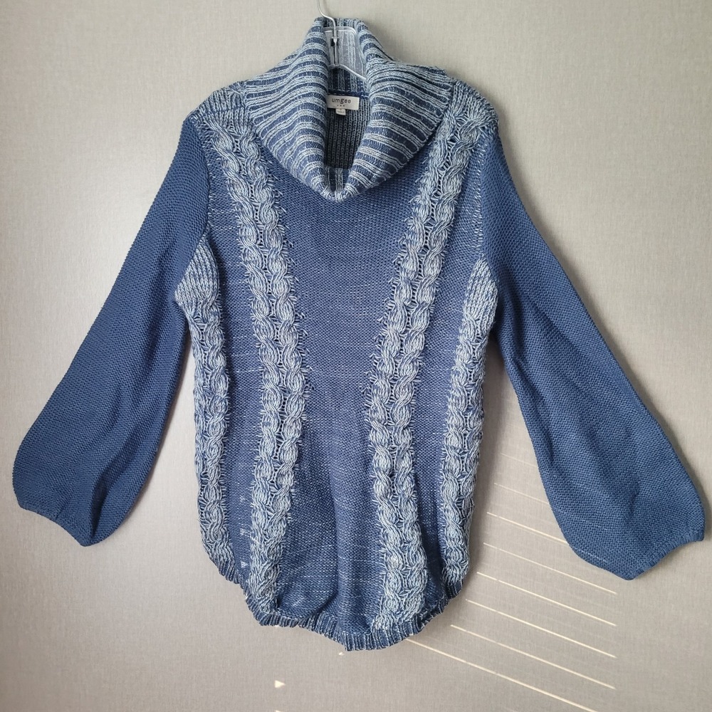 Umgee Boho Mixed Cable Knit Cowl Neck Sweater Size Small Fisherman Bohemian Blue